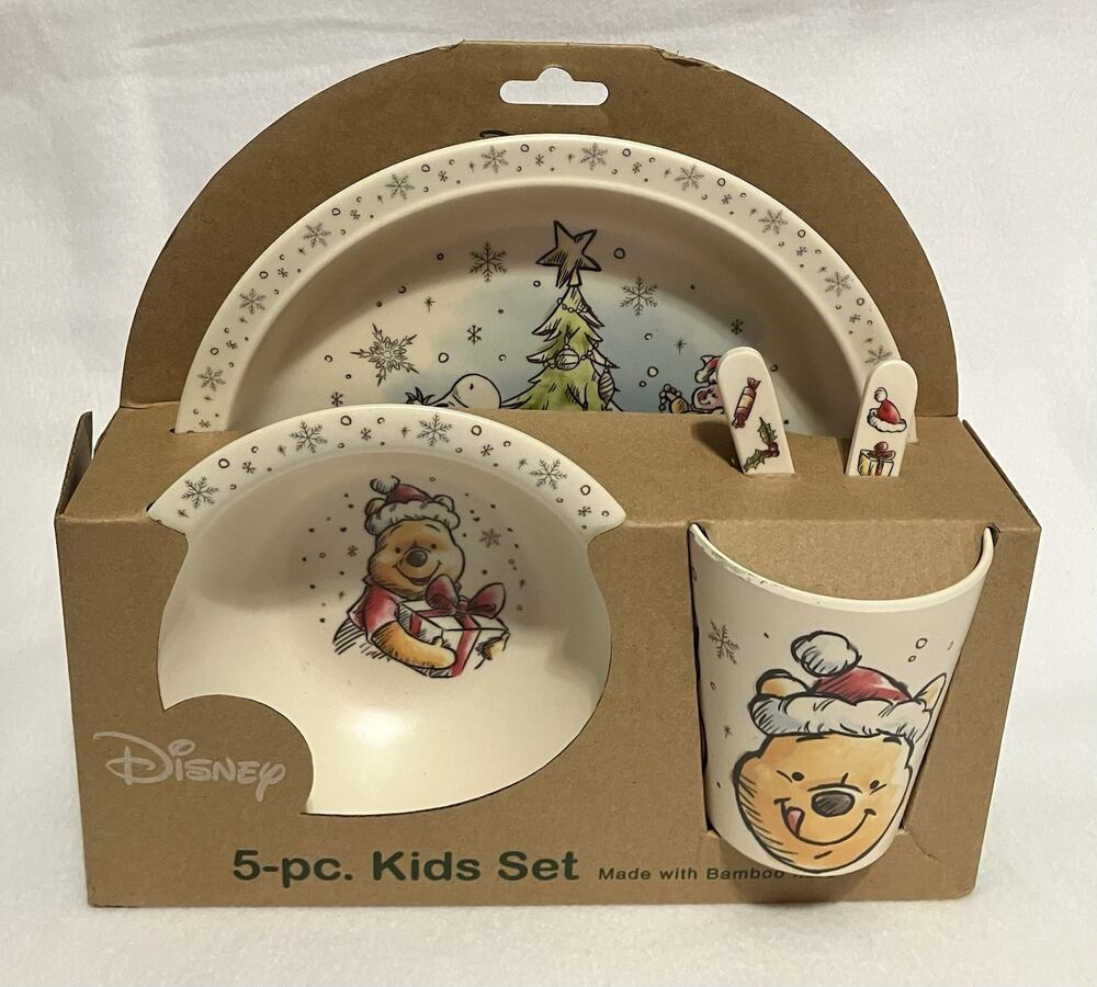Childrens Disney Winnie the Pooh Christmas 5-Piece Dinner Set Bamboo Fiber NIP